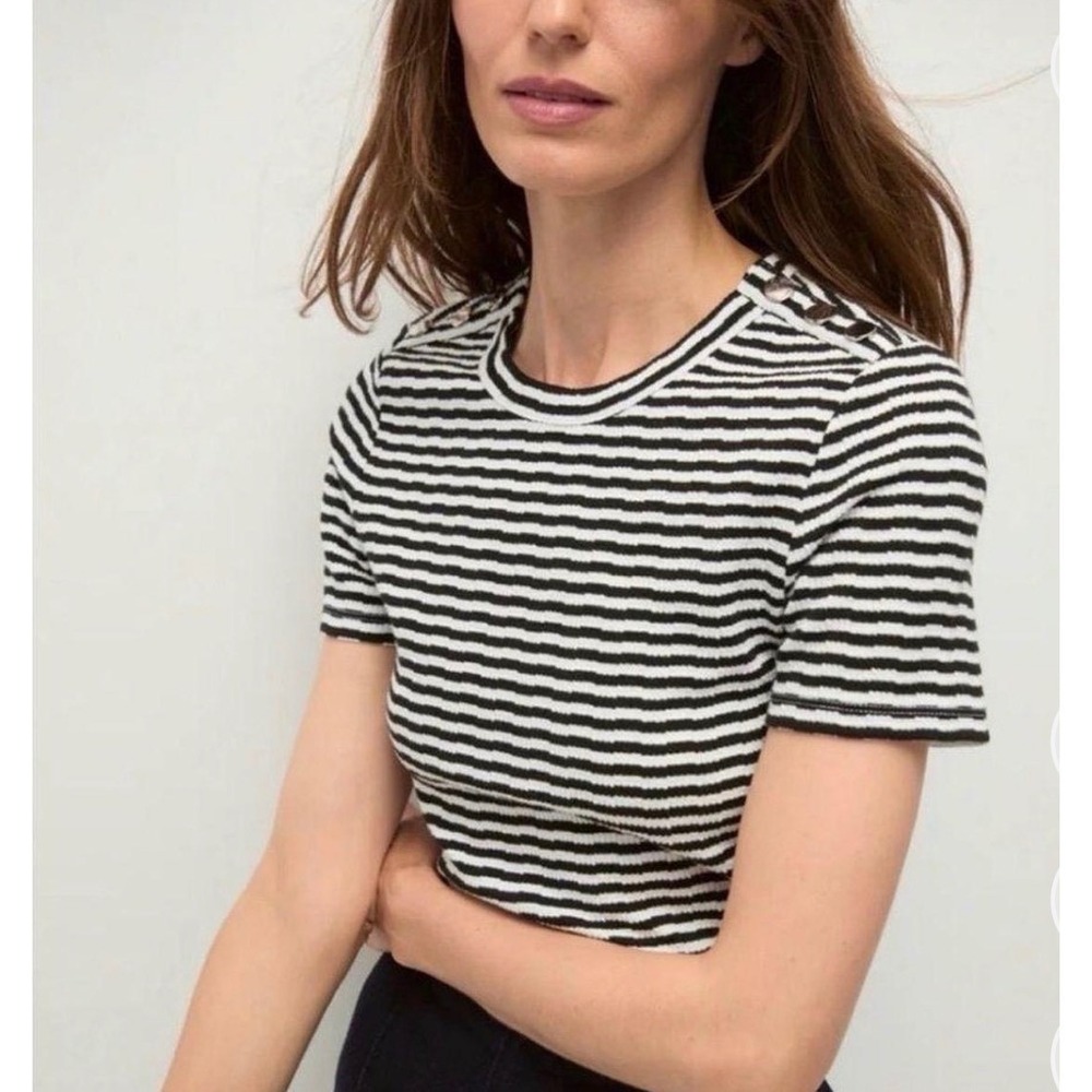 Veronica Beard Draya Tee Black White Striped Ribbed Button Shoulder Top XS NEW